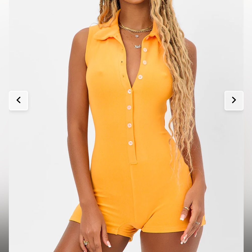 Frankie’s Bikinis Jane Terry Romper in Sundown (orange), size XS